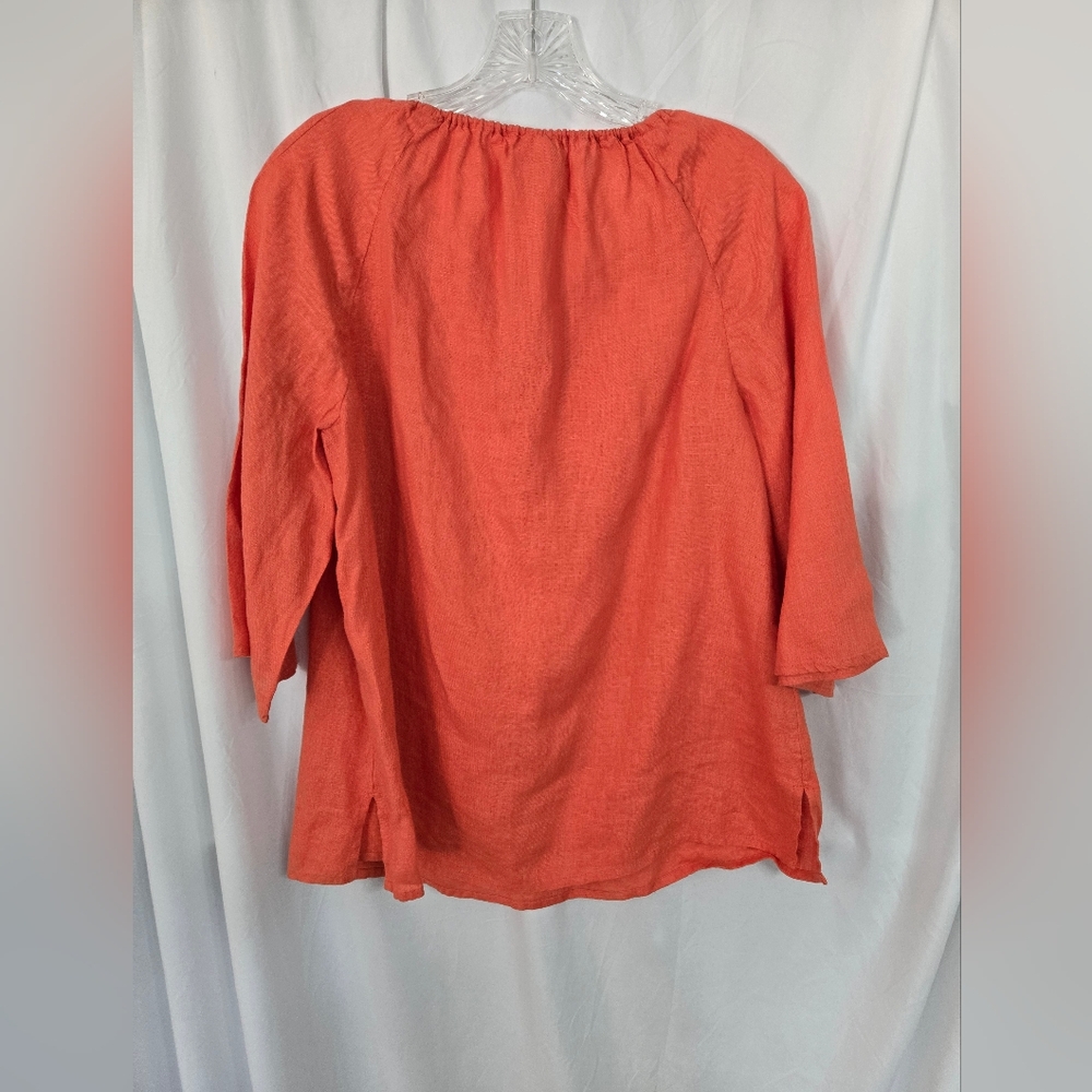 Chico's Coral/Orange Linen with Gold Lace Hobo Blouse/Top. Size 8-10P - Picture 2 of 6